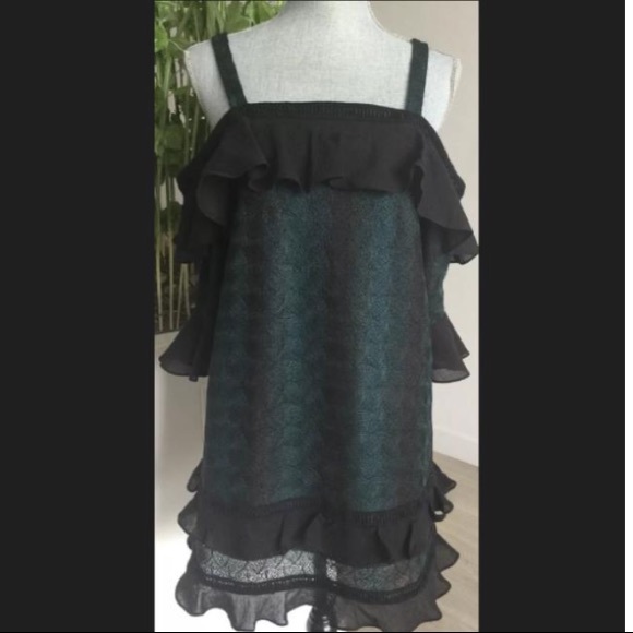 Anthropologie Tiered Teal Ruffle Lace Mini Dress - Picture 2 of 8